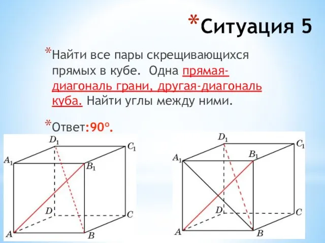 Ситуация 5 Найти все пары скрещивающихся прямых в кубе. Одна прямая-