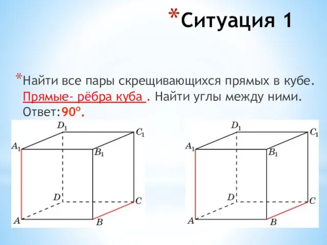 Ситуация 1 Найти все пары скрещивающихся прямых в кубе. Прямые- рёбра