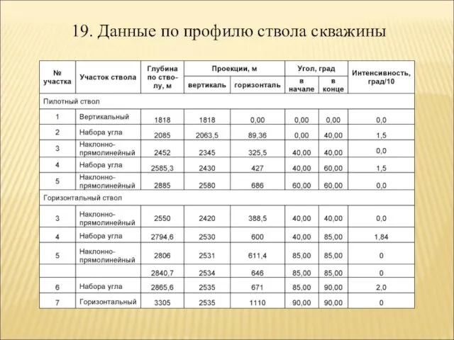 19. Данные по профилю ствола скважины