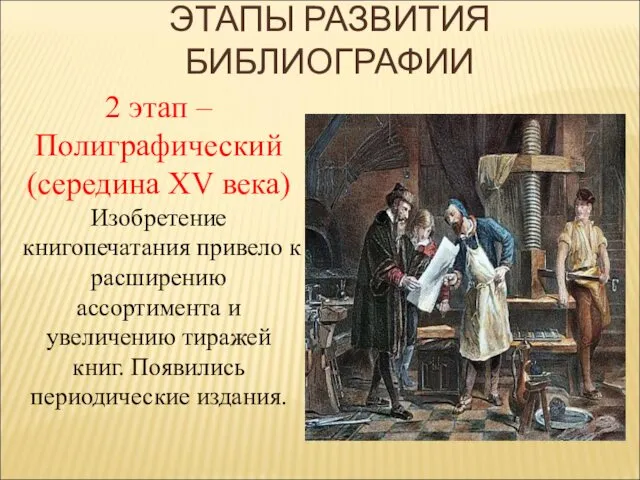2 этап – Полиграфический (середина XV века) Изобретение книгопечатания привело к