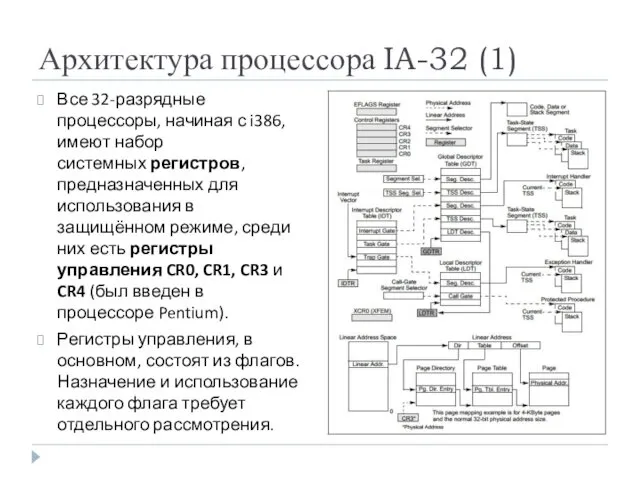 Архитектура процессора IA-32 (1) Все 32-разрядные процессоры, начиная с i386, имеют