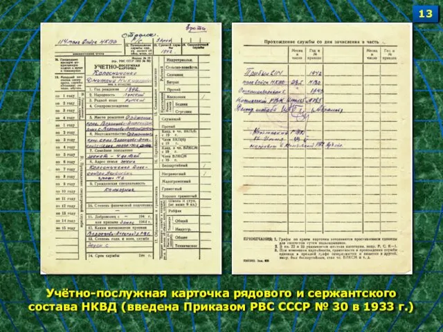 Учётно-послужная карточка рядового и сержантского состава НКВД (введена Приказом РВС СССР