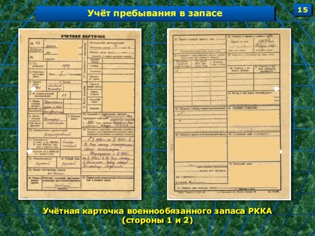 Учёт пребывания в запасе Учётная карточка военнообязанного запаса РККА (стороны 1 и 2) 15