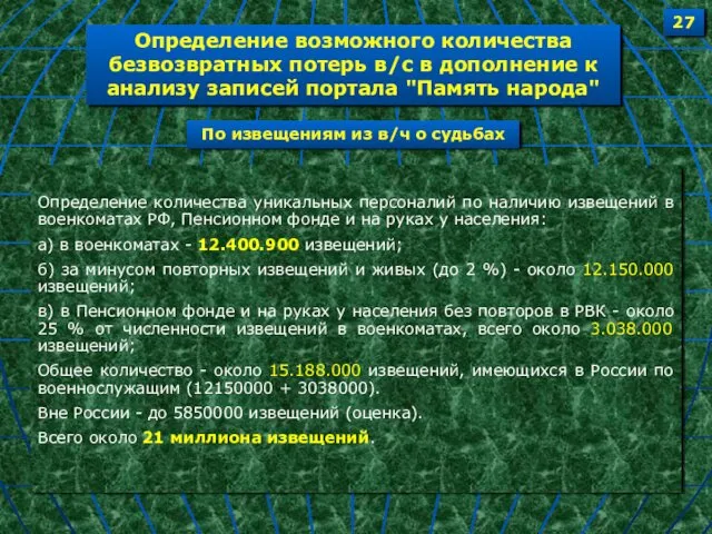 Определение количества уникальных персоналий по наличию извещений в военкоматах РФ, Пенсионном