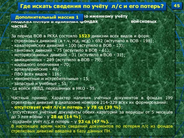 - документы по именному учёту людских потерь в архивных фондах войсковых