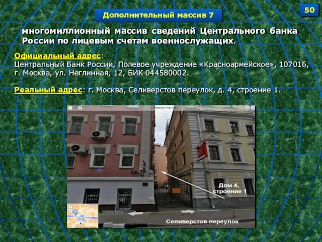 многомиллионный массив сведений Центрального банка России по лицевым счетам военнослужащих. Официальный