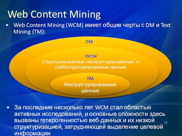 Web Content Mining Web Content Mining (WCM) имеет общие черты с