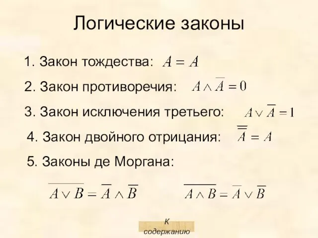 Логические законы 1. Закон тождества: 2. Закон противоречия: 3. Закон исключения