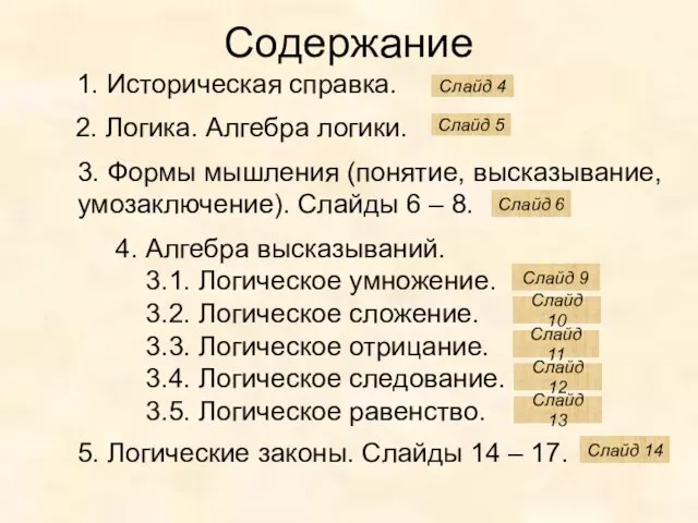 Содержание 1. Историческая справка. 3. Формы мышления (понятие, высказывание, умозаключение). Слайды