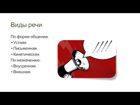 Виды речи По форме общения: Устная Письменная Кинетическая По назначению: Внутренняя Внешняя