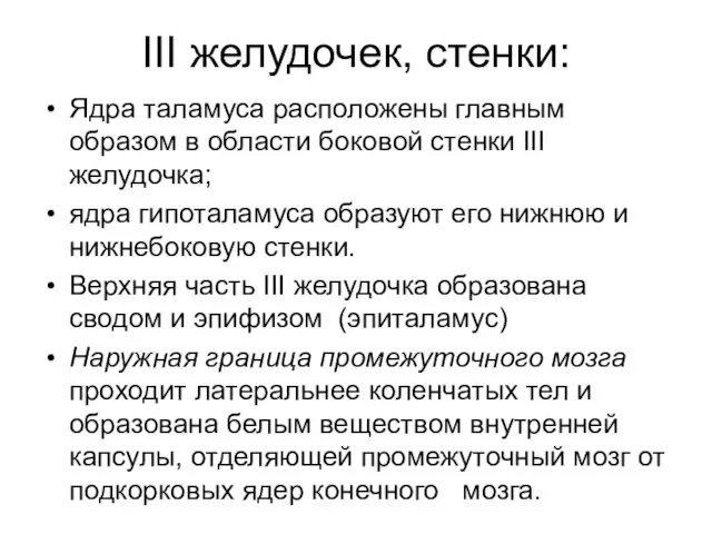 III желудочек, стенки: Ядра таламуса расположены главным образом в области боковой