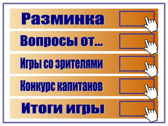 Разминка Вопросы от... Игры со зрителями Конкурс капитанов Итоги игры