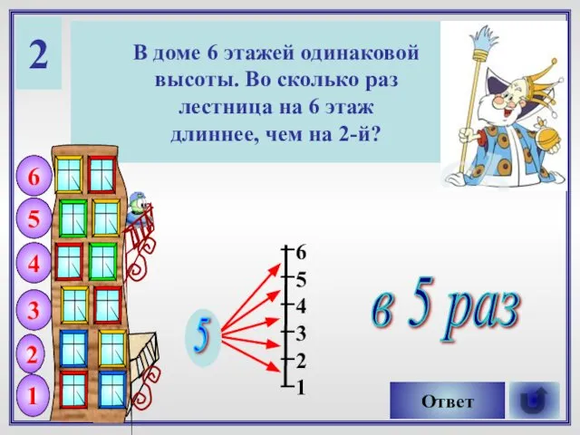 2 В доме 6 этажей одинаковой высоты. Во сколько раз лестница