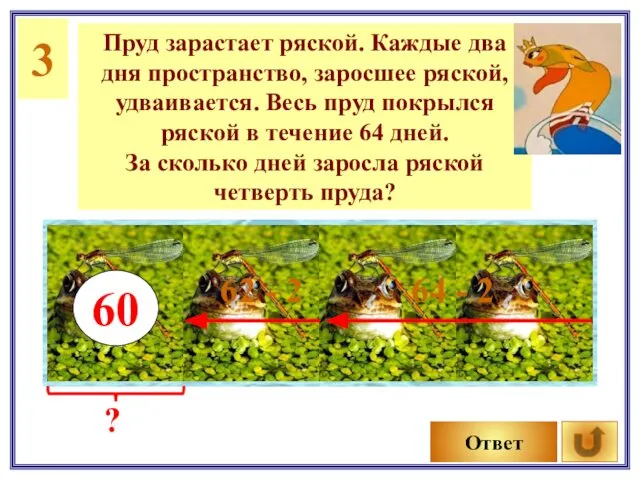 3 Пруд зарастает ряской. Каждые два дня пространство, заросшее ряской, удваивается.