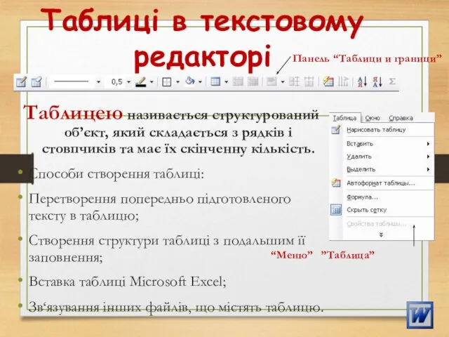 Таблиці в текстовому редакторі Таблицею називається структурований об’єкт, який складається з