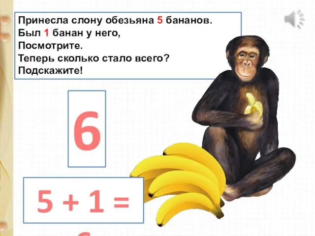 Принесла слону обезьяна 5 бананов. Был 1 банан у него, Посмотрите.