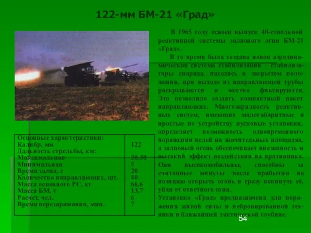 В 1965 году освоен выпуск 40-ствольной реактивной системы залпового огня БМ-21