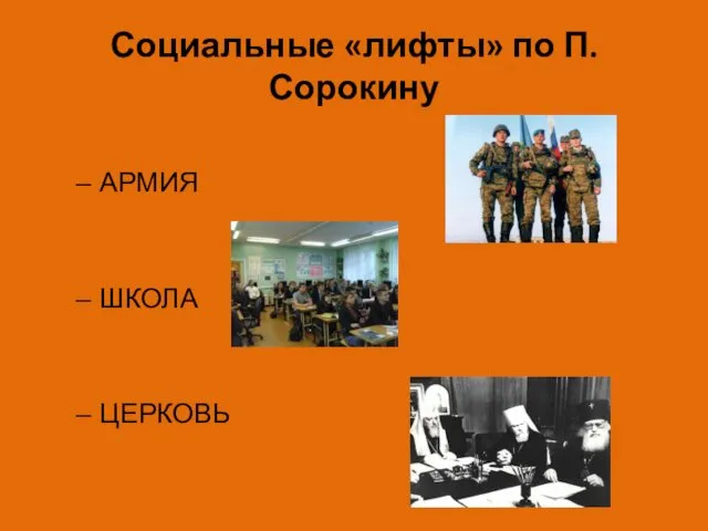 Социальные «лифты» по П.Сорокину АРМИЯ ШКОЛА ЦЕРКОВЬ