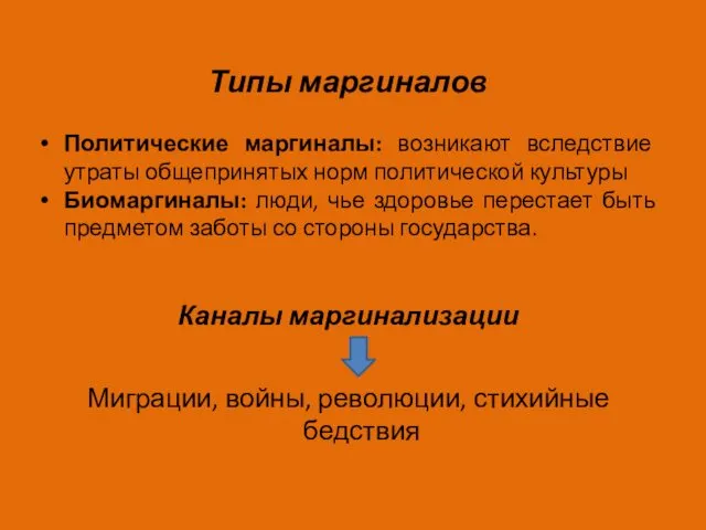 Типы маргиналов Политические маргиналы: возникают вследствие утраты общепринятых норм политической культуры