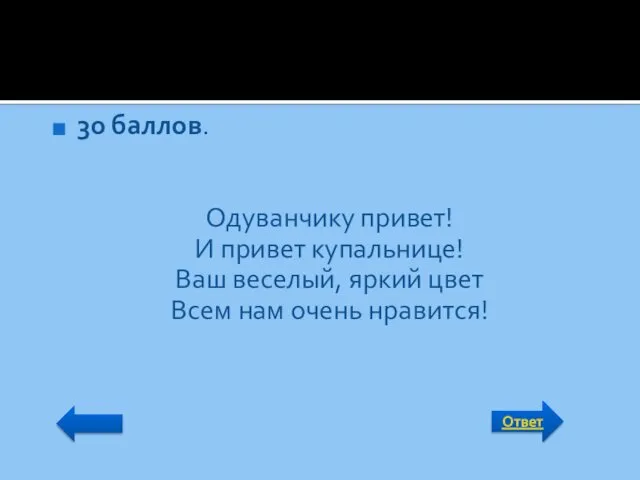 Ответ 30 баллов. Одуванчику привет! И привет купальнице! Ваш веселый, яркий цвет Всем нам очень нравится!