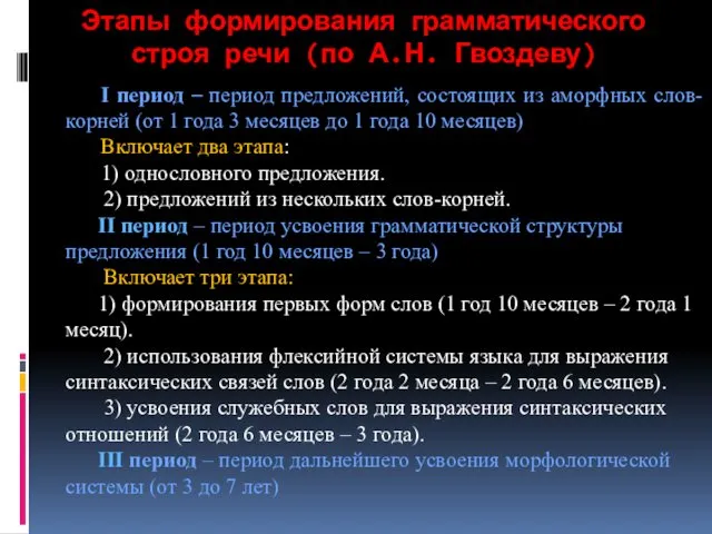 Этапы формирования грамматического строя речи (по А.Н. Гвоздеву) I период –