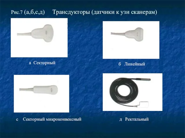 Рис.7 (а,б,с,д) Трансдукторы (датчики к узи сканерам) с Секторный микроконвексный б Линейный д Ректальный