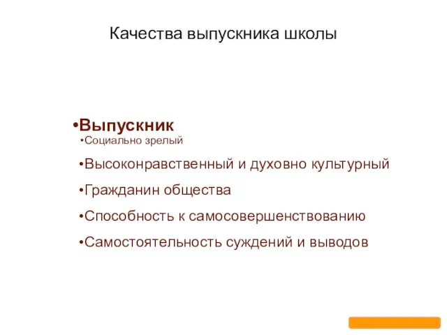 Качества выпускника школы Выпускник Социально зрелый Высоконравственный и духовно культурный Гражданин