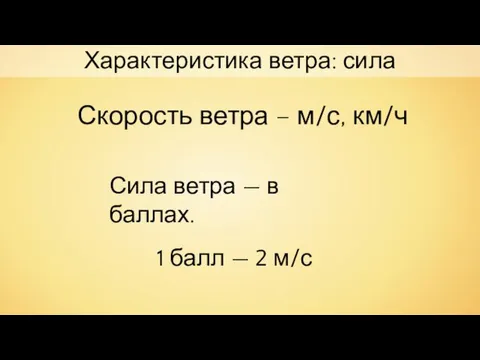 Скорость ветра – м/с, км/ч Сила ветра — в баллах. 1