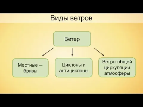 Ветер Местные — бризы Циклоны и антициклоны Ветры общей циркуляции атмосферы Виды ветров