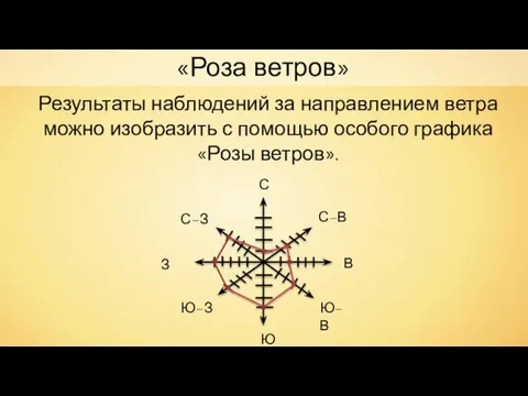 «Роза ветров» Результаты наблюдений за направлением ветра можно изобразить с помощью особого графика «Розы ветров».