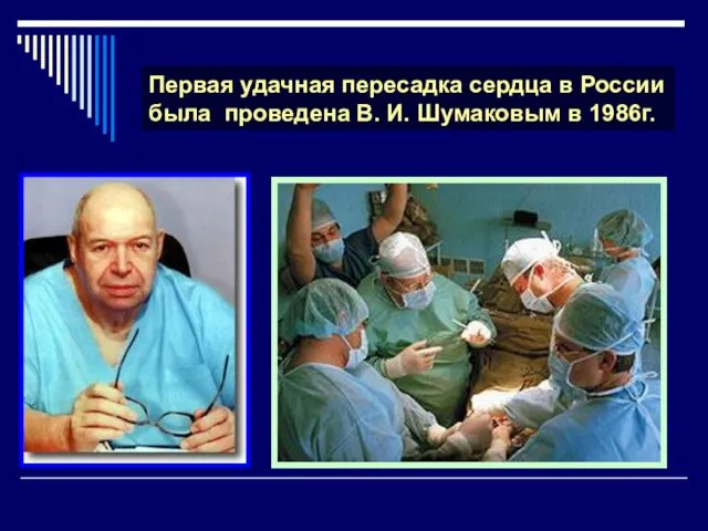 Первая удачная пересадка сердца в России была проведена В. И. Шумаковым в 1986г.