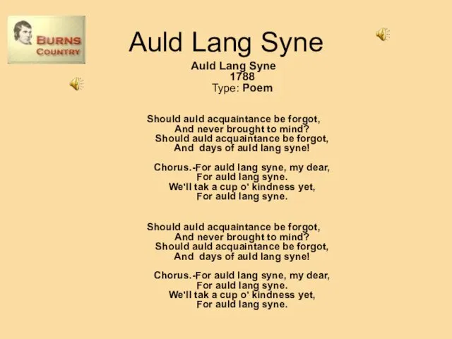 Auld Lang Syne Auld Lang Syne 1788 Type: Poem Should auld