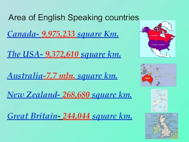 Area of English Speaking countries Canada- 9,975,233 square Km. The USA-