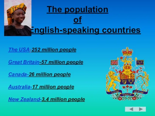 The population of English-speaking countries The USA-252 million people Great Britain-57