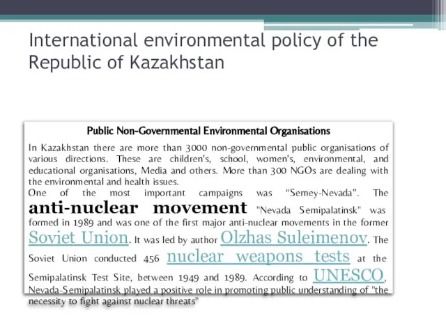 International environmental policy of the Republic of Kazakhstan Public Non-Governmental Environmental