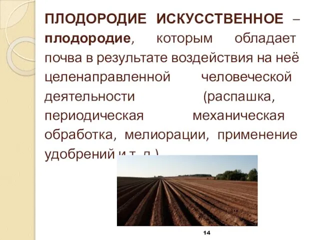 ПЛОДОРОДИЕ ИСКУССТВЕННОЕ – плодородие, которым обладает почва в результате воздействия на