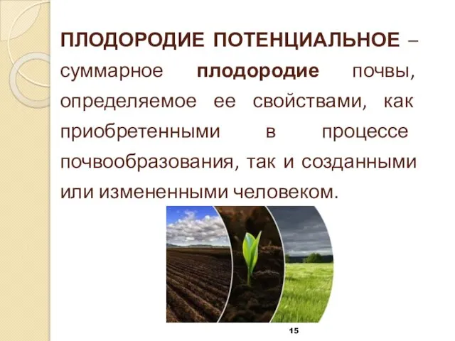 ПЛОДОРОДИЕ ПОТЕНЦИАЛЬНОЕ – суммарное плодородие почвы, определяемое ее свойствами, как приобретенными