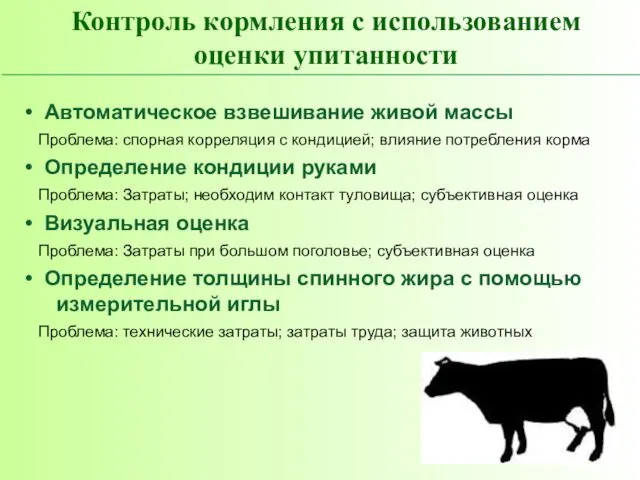 Контроль кормления с использованием оценки упитанности Автоматическое взвешивание живой массы Проблема: