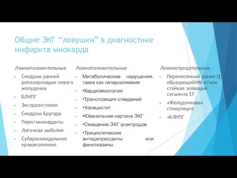 Общие ЭКГ “ловушки” в диагностике инфаркта миокарда Ложноположительные Синдром ранней реполяризации