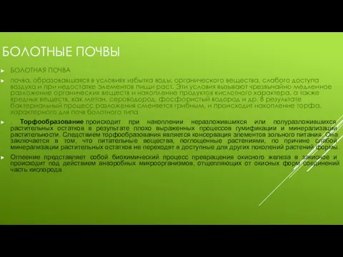 БОЛОТНЫЕ ПОЧВЫ БОЛОТНАЯ ПОЧВА почва, образовавшаяся в условиях избытка воды, органического