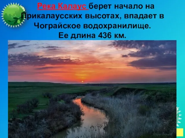 Река Калаус берет начало на Прикалаусских высотах, впадает в Чограйское водохранилище. Ее длина 436 км.