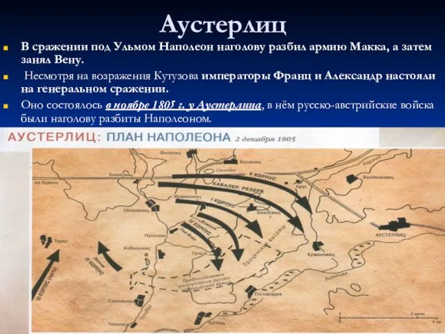 Аустерлиц В сражении под Ульмом Наполеон наголову разбил армию Макка, а