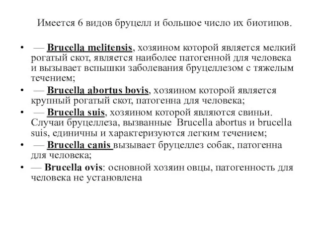 Имеется 6 видов бруцелл и большое число их биотипов. — Brucella