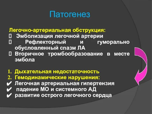 Патогенез Легочно-артериальная обструкция: Эмболизация легочной артерии Рефлекторный и гуморально обусловленный спазм