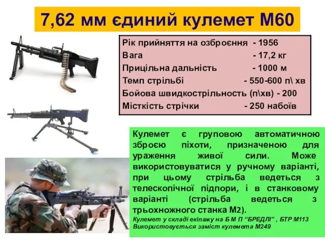 7,62 мм єдиний кулемет М60 Кулемет є груповою автоматичною зброєю піхоти,