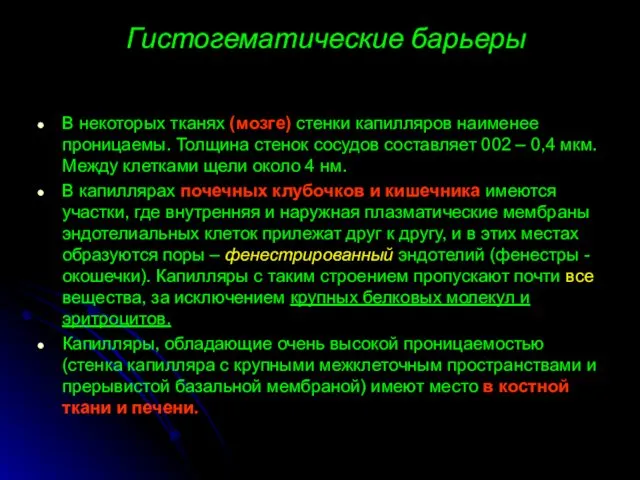 Гистогематические барьеры В некоторых тканях (мозге) стенки капилляров наименее проницаемы. Толщина