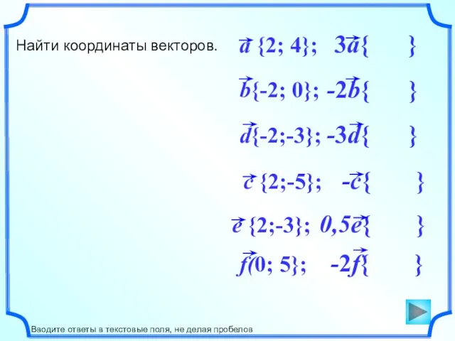 d{-2;-3}; b{-2; 0}; Найти координаты векторов. Вводите ответы в текстовые поля, не делая пробелов