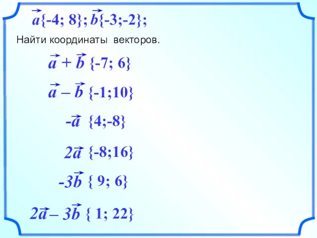 Найти координаты векторов. {-1;10} {-7; 6} {4;-8} {-8;16} { 9; 6} { 1; 22}