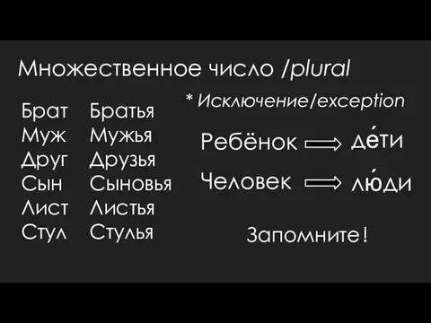 Множественное число /plural Брат Муж Друг Сын Лист Стул Братья Мужья