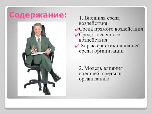 Содержание: 1. Внешняя среда воздействия: Среда прямого воздействия Среда косвенного воздействия